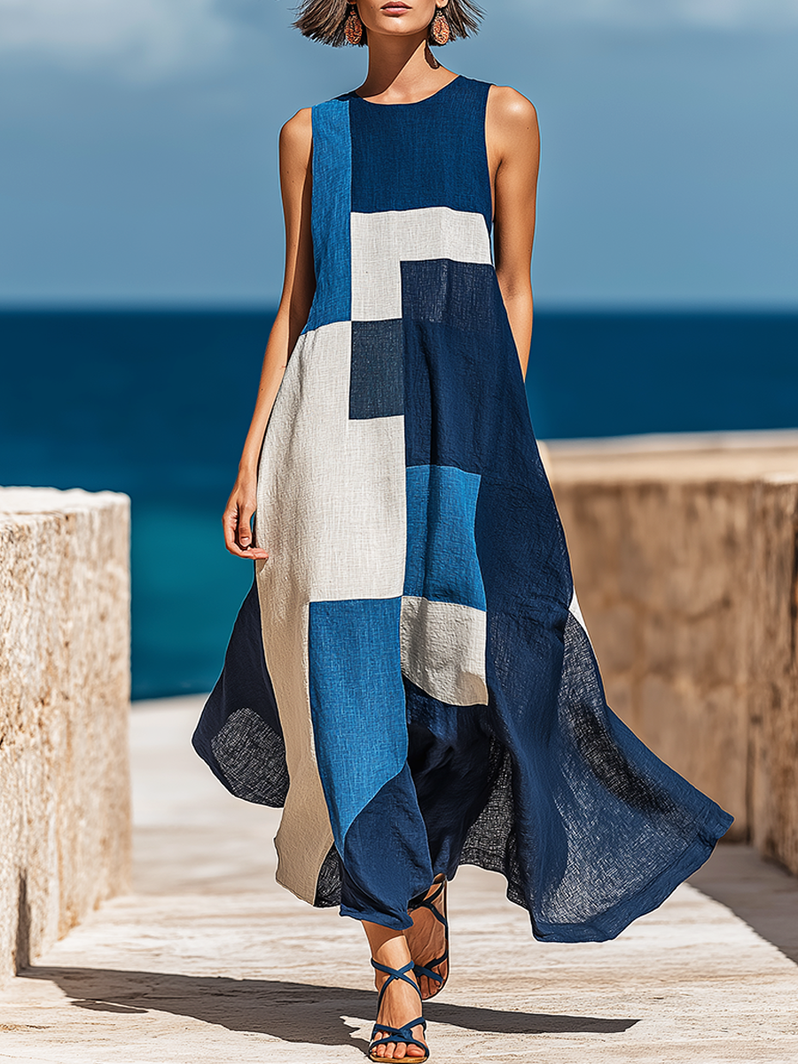 Women's Retro Casual Geometric Print Round Neck Sleeveless Midi Dress