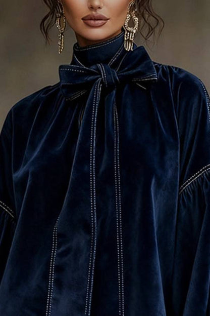 Dark Blue Velvet Bow Lantern Sleeve Mini Dress