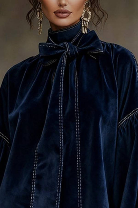 Dark Blue Velvet Bow Lantern Sleeve Mini Dress