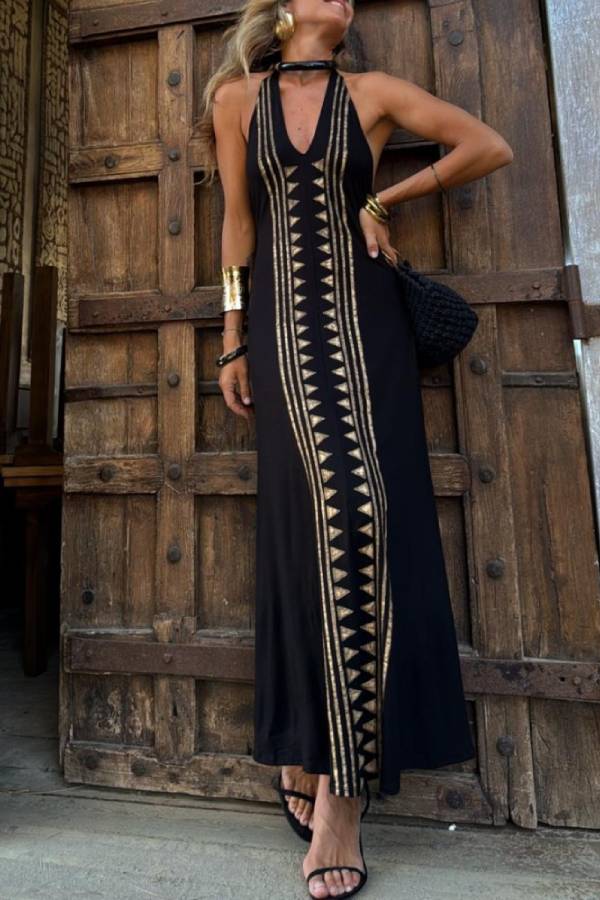 Ethnic style halter neck backless long dress