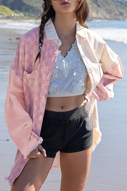 Check Panel Fringe Denim Jacket