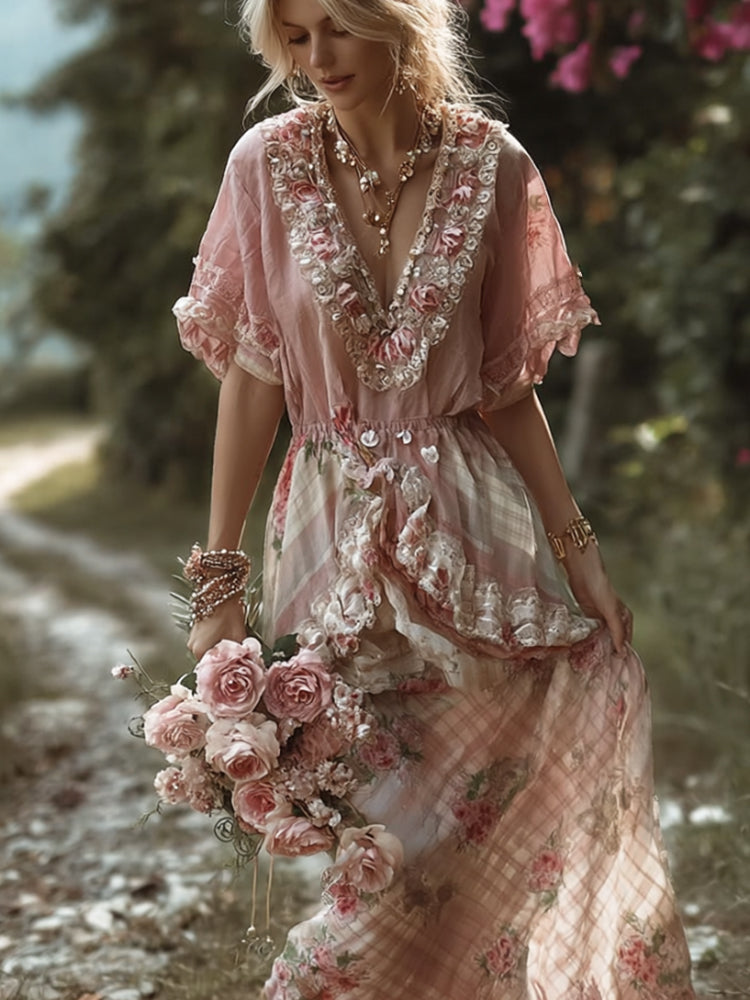 Boh¨¨me Style Retro Patchwork Plaid Skirt Rose Embroidery V-neck Dress