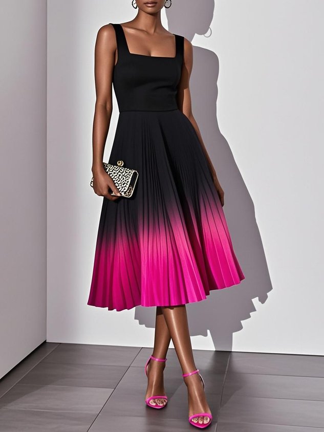Orange Ombre Pleated Classic Square Neck Sleeveless A-Line Midi Dress