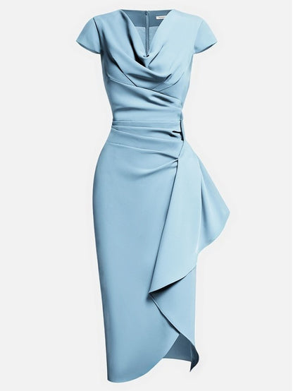 Light Blue Ruched Asymmetric Classic Cowl Neck Cap Sleeve Sheath Midi Dress