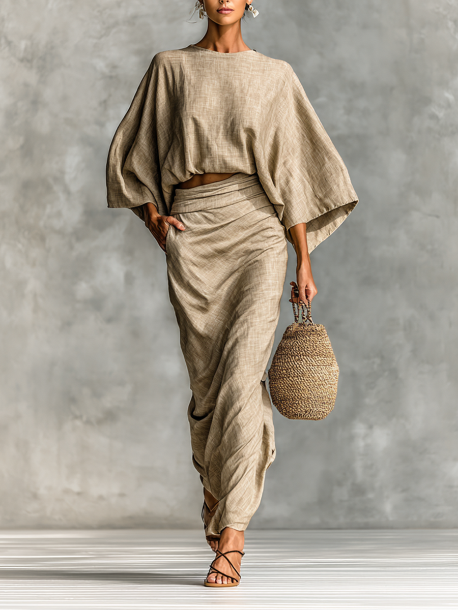 Women's Cotton And Linen Blend Bat Sleeve Long Skirt Two-piece Set MDA2288G4Y