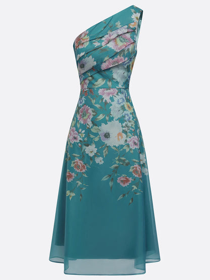 Cyan Floral Ruched Tulle One Shoulder Sleeveless A-Line Midi Dress