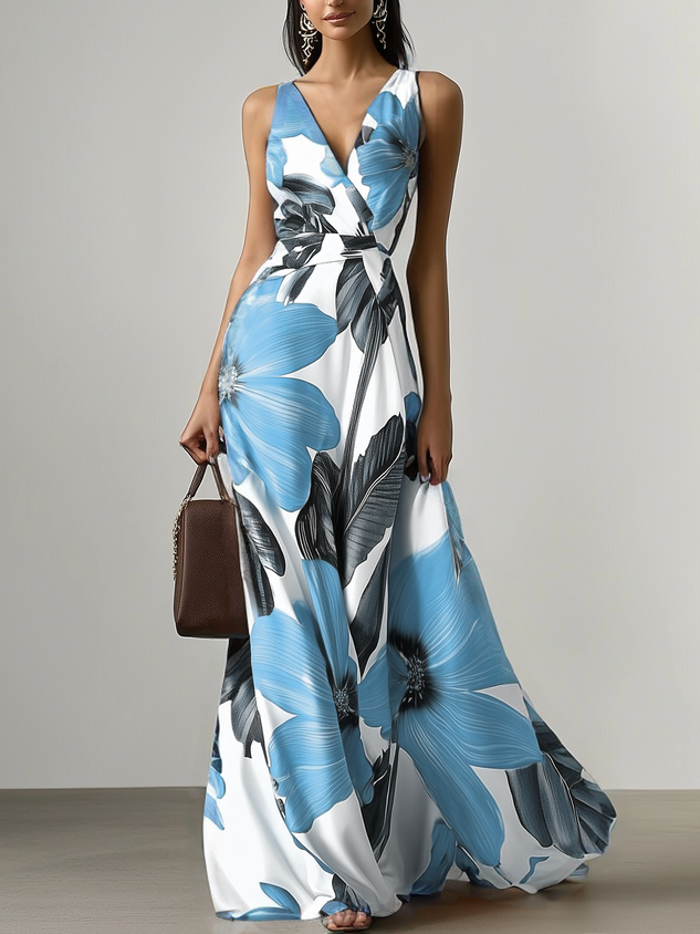 Orange Floral Satin V Neck Sleeveless A-Line Maxi Dress With Pockets