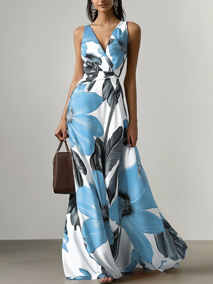 Orange Floral Satin V Neck Sleeveless A-Line Maxi Dress With Pockets