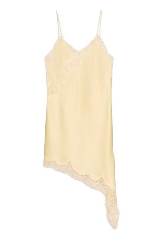 Lace-Paneled Satin Slip Dress with Asymmetrical Hem