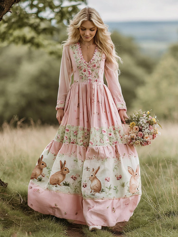 Vintage Bunny With Floral Art Women's Linen Long Sleeve Maxi V-neck Dress