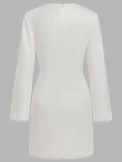 White Faux Pearl Cut Out Classic Crew Neck Long Sleeve Sheath Mini Dress
