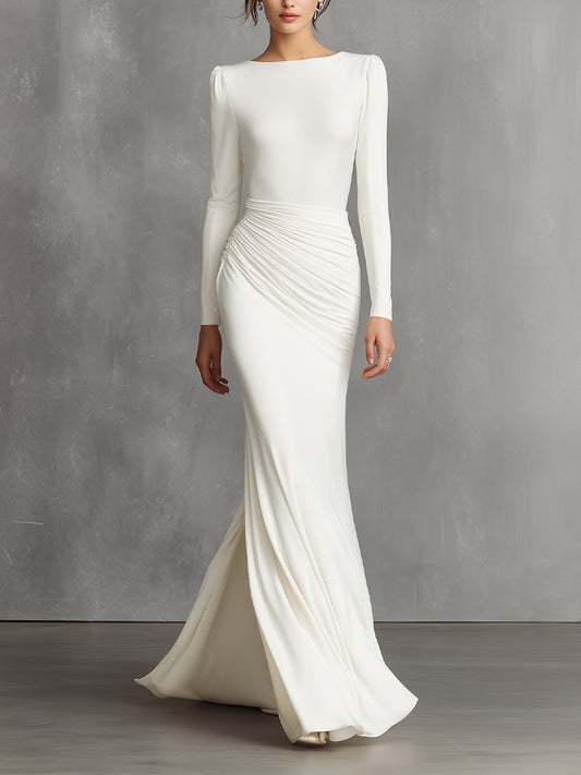 Women's White Elegant Satin Ruched Mermaid Maxi Dress MDA0910I5I