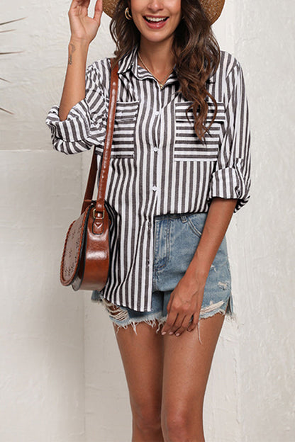 Linen Cotton Wash Stripe Single Breasted Long Sleeve Shirt
