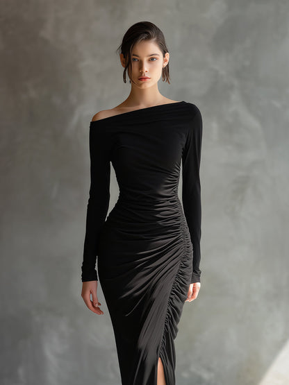 Women's Black Elegant Jersey Off - Shoulder Ruched Slit Maxi Dress MDA2125H9I