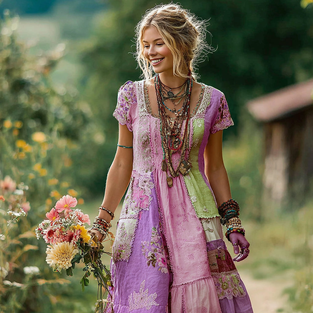Women's Floral Color Block Round Neck Short Sleeve Long Dress