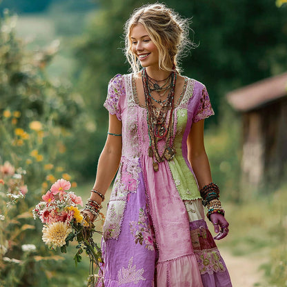Women's Floral Color Block Round Neck Short Sleeve Long Dress