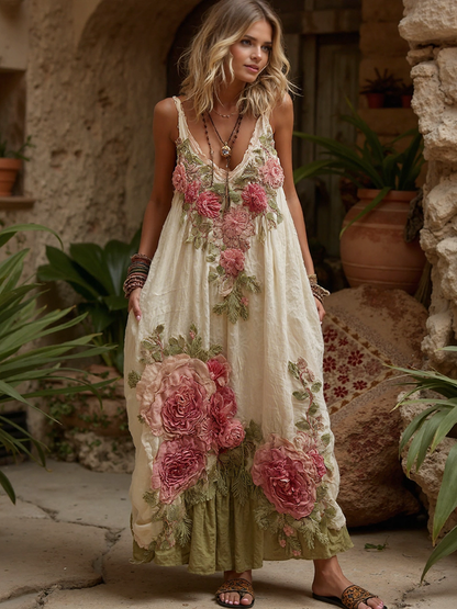 Women Vintage Floral Embroidery Art V Neck Linen Maxi Dress e78e
