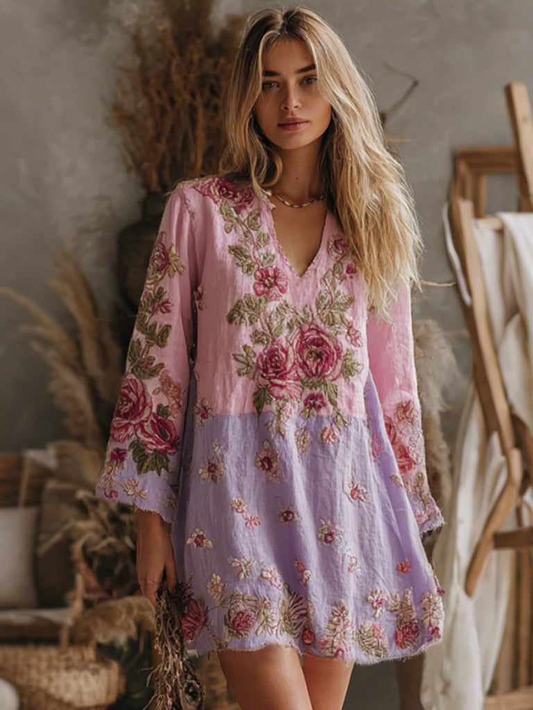 Women's V Neck Boho Classy Gradient Pink Roses Embroidered Art Casual Dress