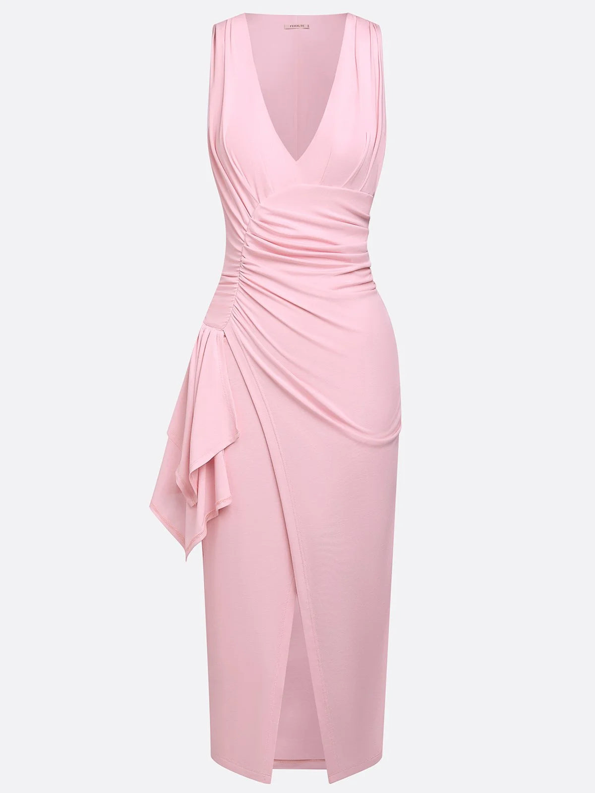 Pink Ruched Peplum Knit Deep V Neck Sleeveless Bodycon Midi Dress