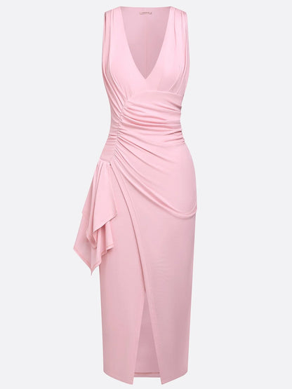 Pink Ruched Peplum Knit Deep V Neck Sleeveless Bodycon Midi Dress