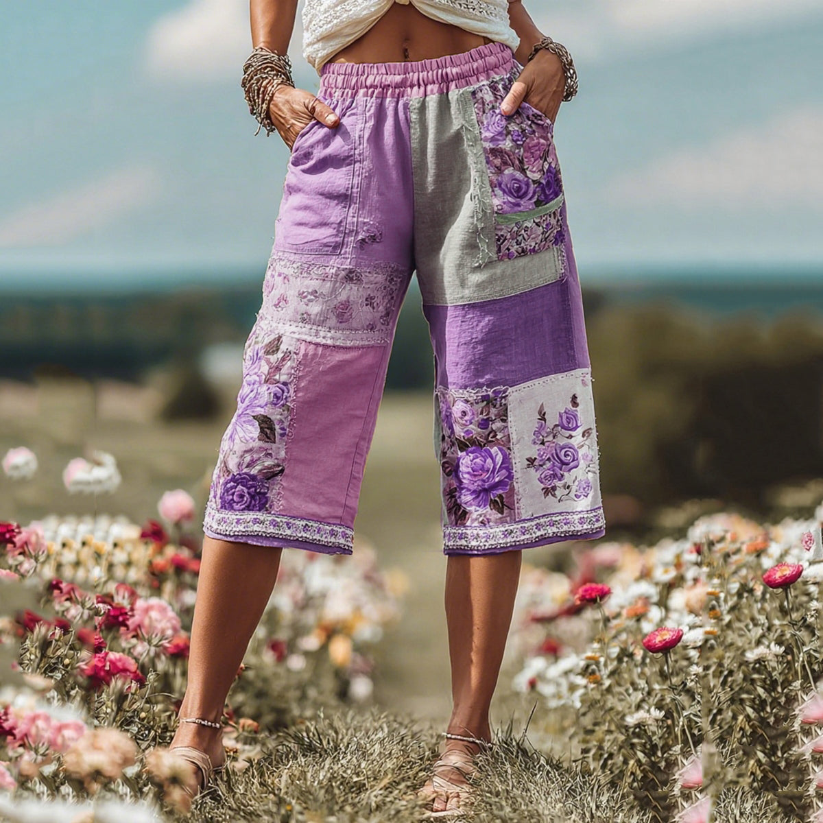 Women's Patchwork Rose Floral Contrast Waist Elastic Pocket Shorts c6d0