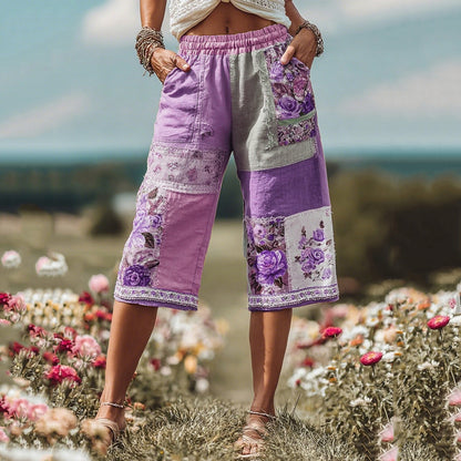 Women's Patchwork Rose Floral Contrast Waist Elastic Pocket Shorts c6d0