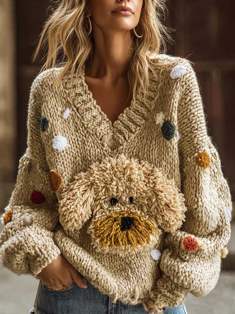 Lady Retro Cute Dog Plush Comfortable Knitted Sweater.