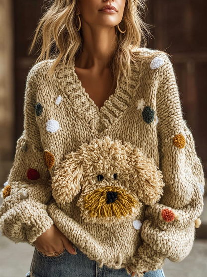 Lady Retro Cute Dog Plush Comfortable Knitted Sweater.