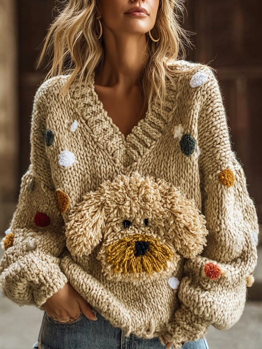 Lady Retro Cute Dog Plush Comfortable Knitted Sweater.