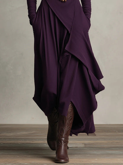 Purple High-neck Asymmetrical Pleated Maxi Dress(Necklace not included)