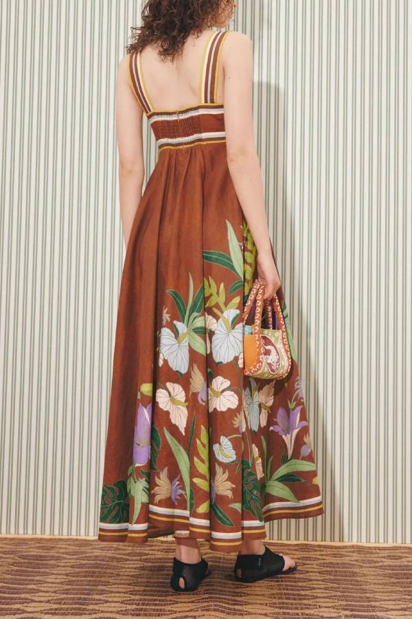 Caramel Tropical Floral Print Twist Wide Strap Flowy Maxi Dress
