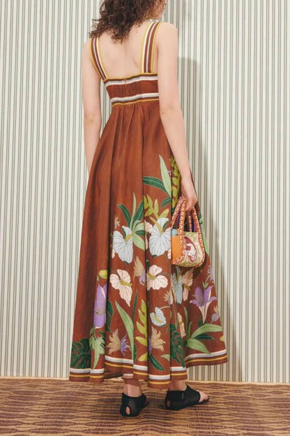 Caramel Tropical Floral Print Twist Wide Strap Flowy Maxi Dress