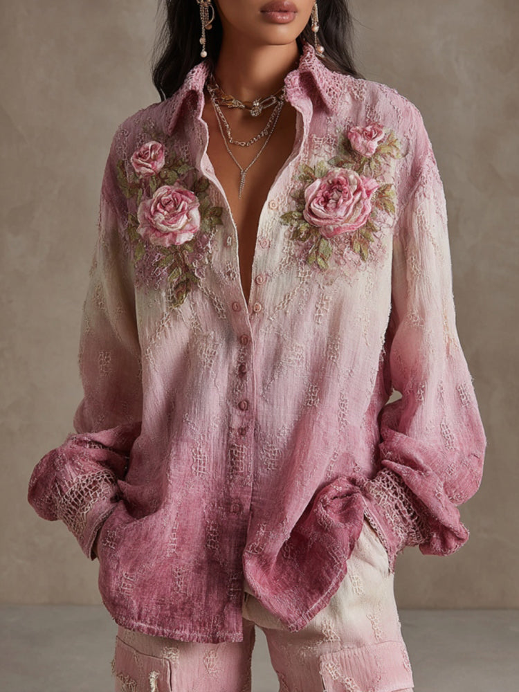 Women's Rose Embroidery Art Gradient Comfy Shirt