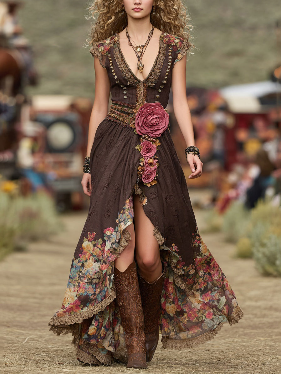 Boho Floral Print Maxi Dress With Embroidered Roses And Asymmetrical Hem In Cotton Blend Fabric