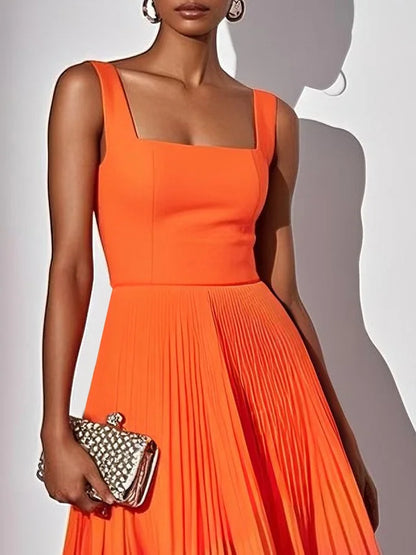 Orange Ombre Pleated Classic Square Neck Sleeveless A-Line Midi Dress