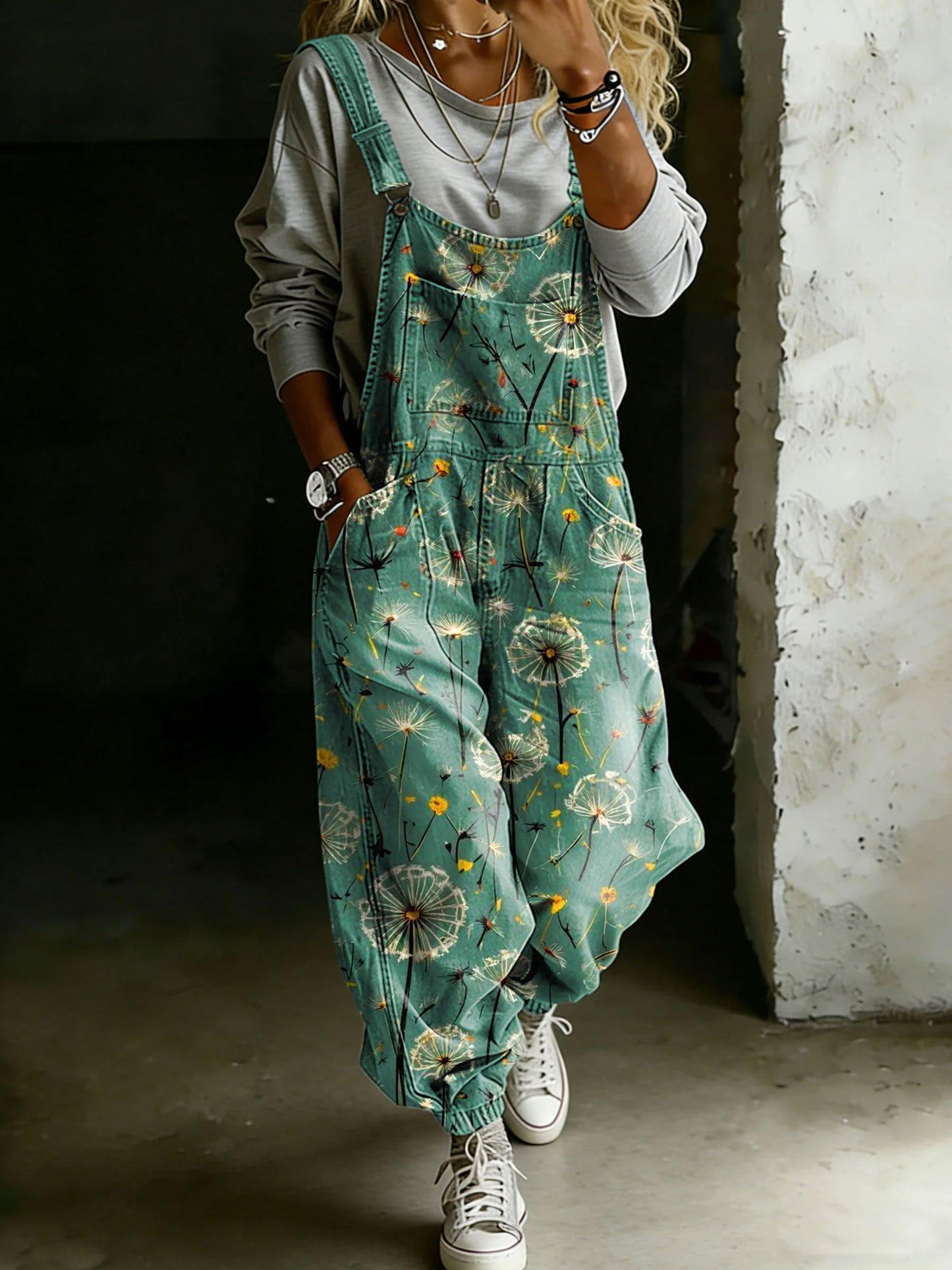 Women’s Dandelion Print Casual One Piece Denim Jumpsuit