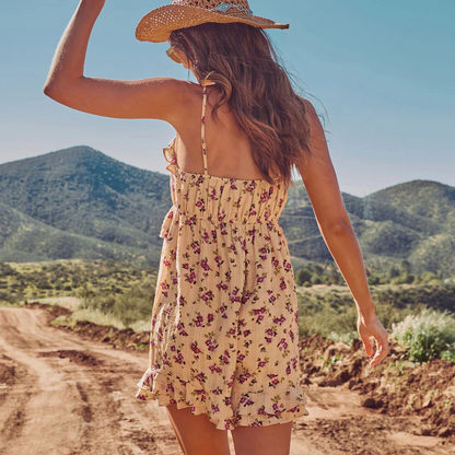 Western Spring Outfits Cotton Blend Floral Print Ruffle Strap Mini Dress Summer Boho Style Romper