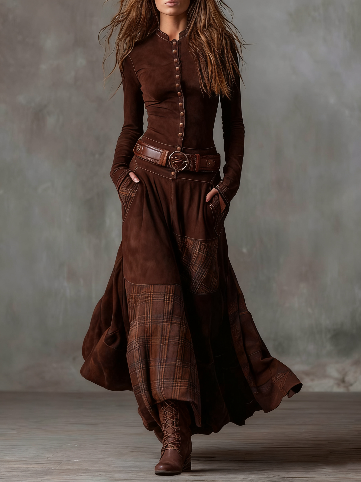 Navy Plaid Paneled Vintage Suede Maxi Dress