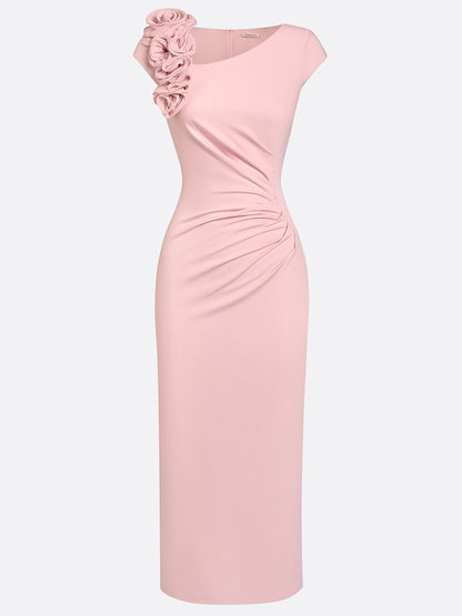 Pink 3D Floral Ruched Knit Asymmetrical Short Sleeve Bodycon Midi Dress