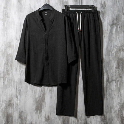 Vintage Linen Solid V-neck Half Sleeves Shirt And Pants Two-piece Set