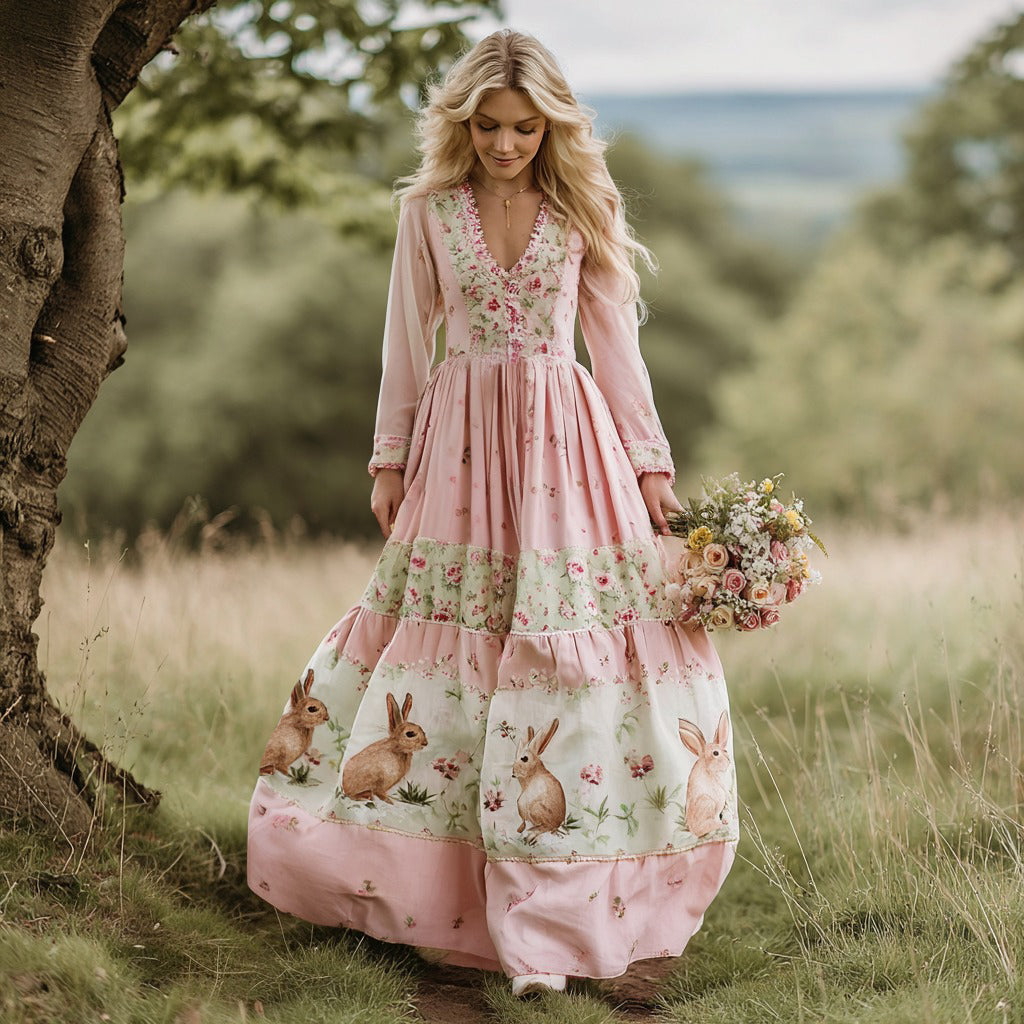 Vintage Bunny With Floral Art Women's Linen Long Sleeve Maxi V-neck Dress
