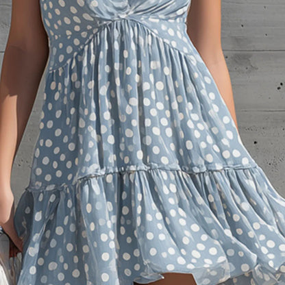 Light Blue Polka Dot Chiffon Sleeveless Mini Dress With V-Neck And Tiered Ruffle Hem