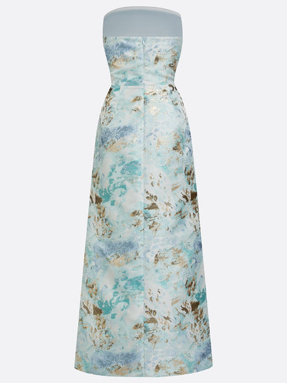 Light Blue Floral Jacquard Satin Strapless Sleeveless Sheath Floor Length Dress