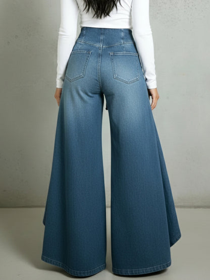 Retro High-waisted Ruffled Hem Tie-waist Loose-fitting Denim Jeans