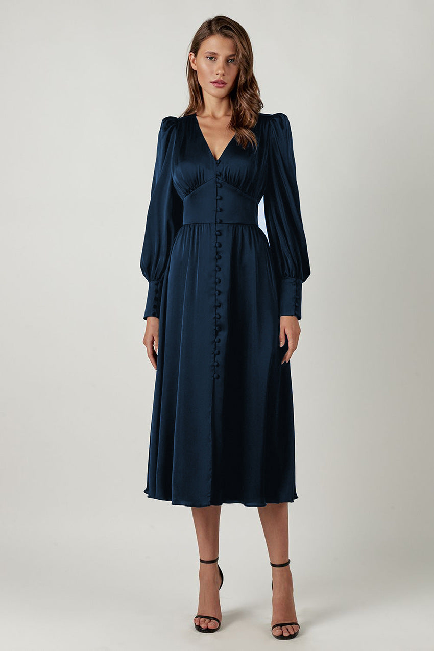 Slim Fit Green V Neck Wrinkled Silk Maxi Dress Puff Sleeve