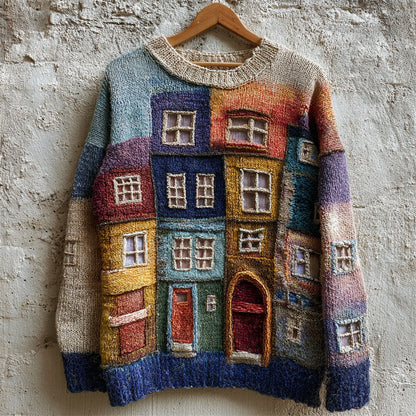 Colorful Street Building Patchwork Cozy Knit Sweater