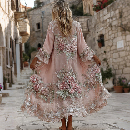 Women's Bohemian Pink Floral Embroidered Art Casual Linen Blend Long Cardigan