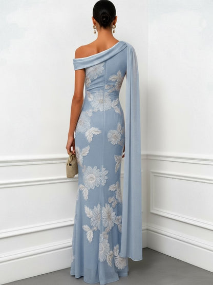 Light Blue 3D Floral Classic One Shoulder Sleeveless Mermaid Floor-length Gown Dress