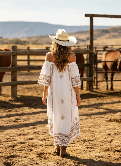 Women's Western Cowboy Cotton Linen Off-Shoulder Boho Dress With Tassel Detailing