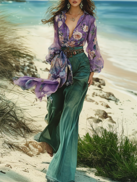 Autumn seaside long-sleeved contrasting retro top + pants set ab10